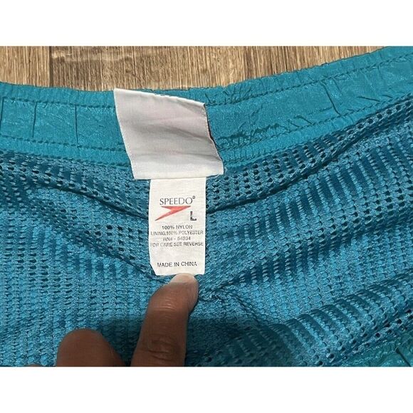 Vintage Speedo Swim Trunks Size Large Lined High Waist Drawstring Pockets Blue - Picture 4 of 4